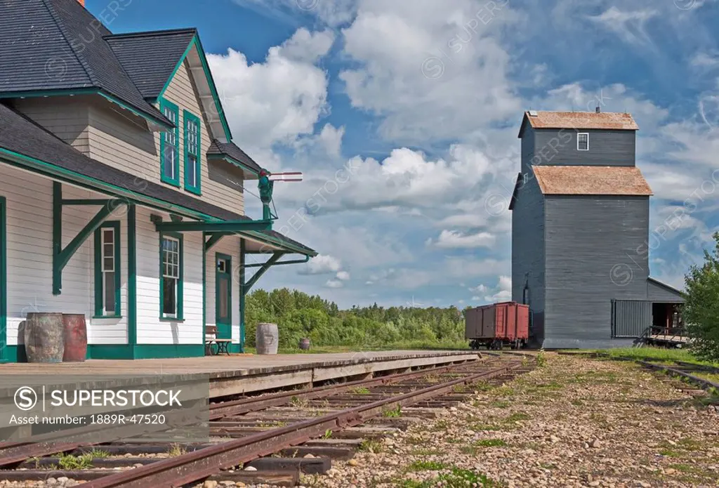 Elevator and train station at the Ukrainian Village near Edmonton, Alberta, Canada