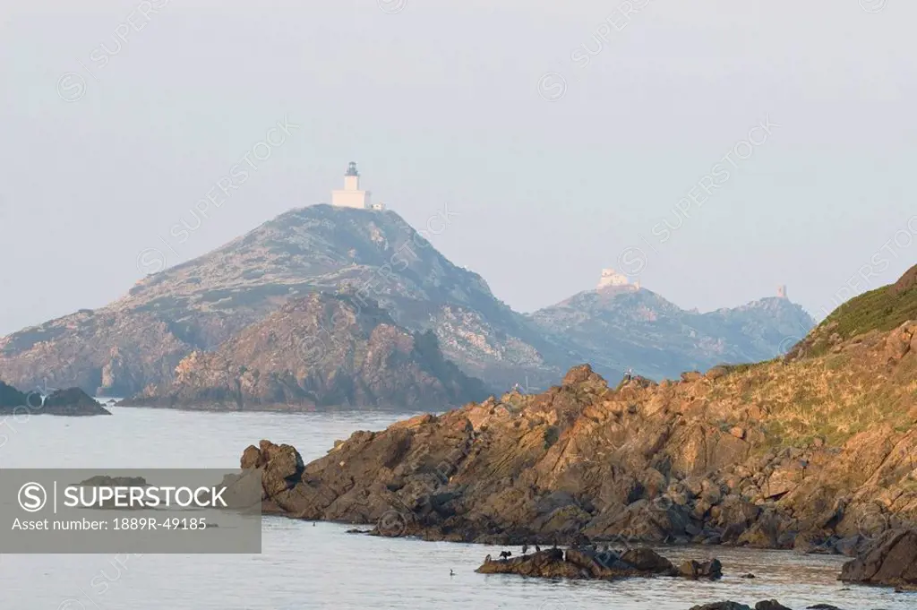 Lighthouse on cliff, Ajaccio, Corsica, France