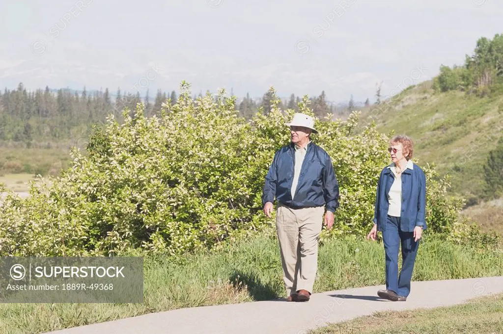 Elderly couple walking on a path