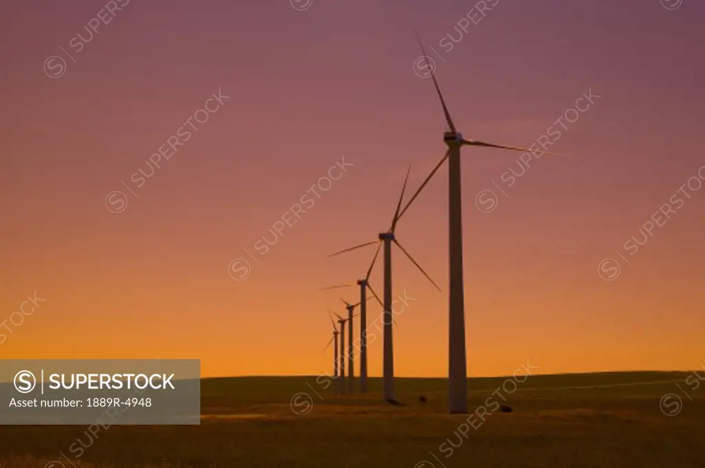 A row of windmills against a sunrise