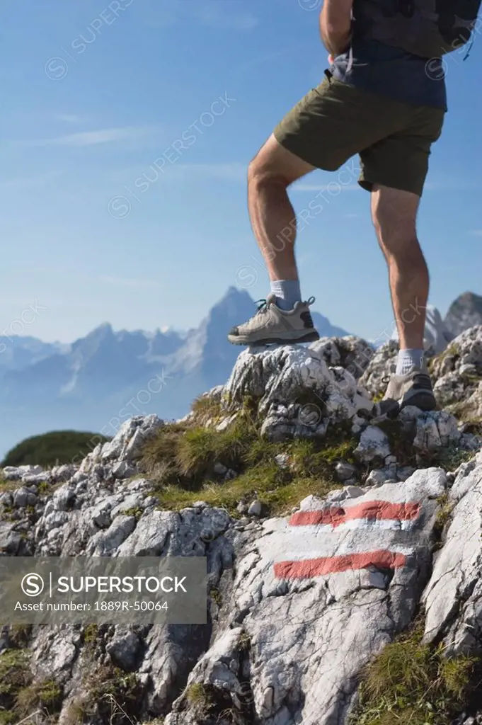 male hiker with a trail marker blaze on a rock, grodig, salzburger land, austria