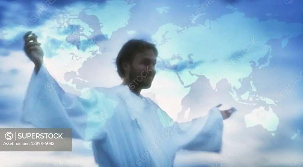 Jesus with arms outstretched, map in background