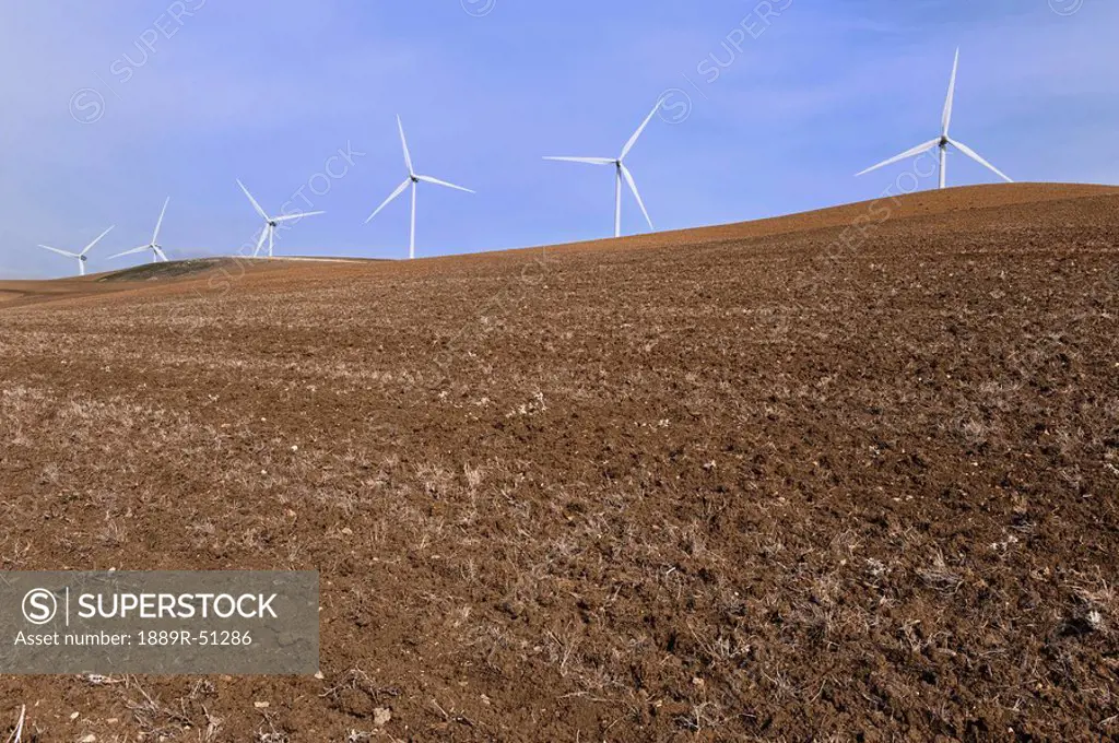 tarifa, cadiz, andalusia, spain, wind turbines in an empty field