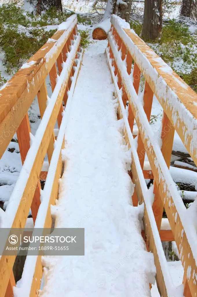 oregon, united states of america, snow covered bridge on mount hood in the oregon cascades