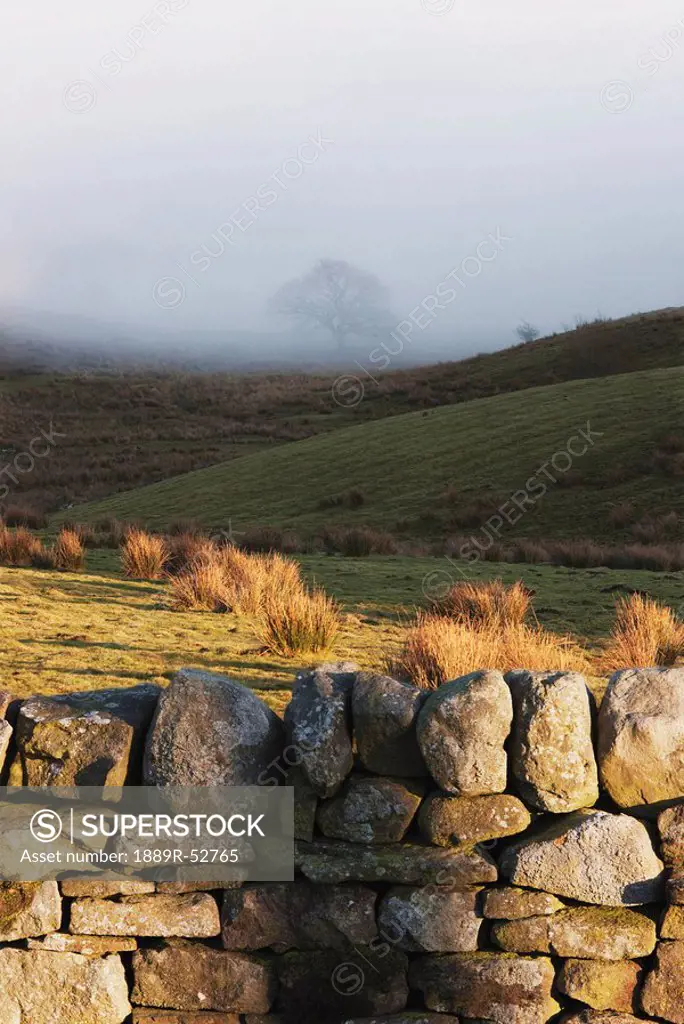 durham dales, county durham, england, a stone fence and fog over a field