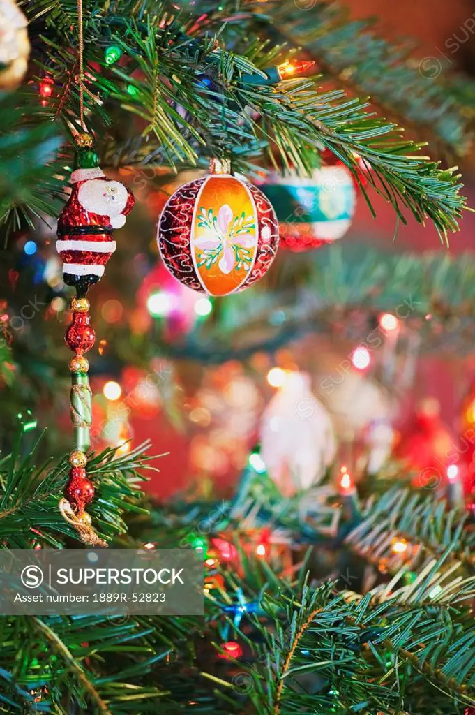 ornaments hanging from a christmas tree