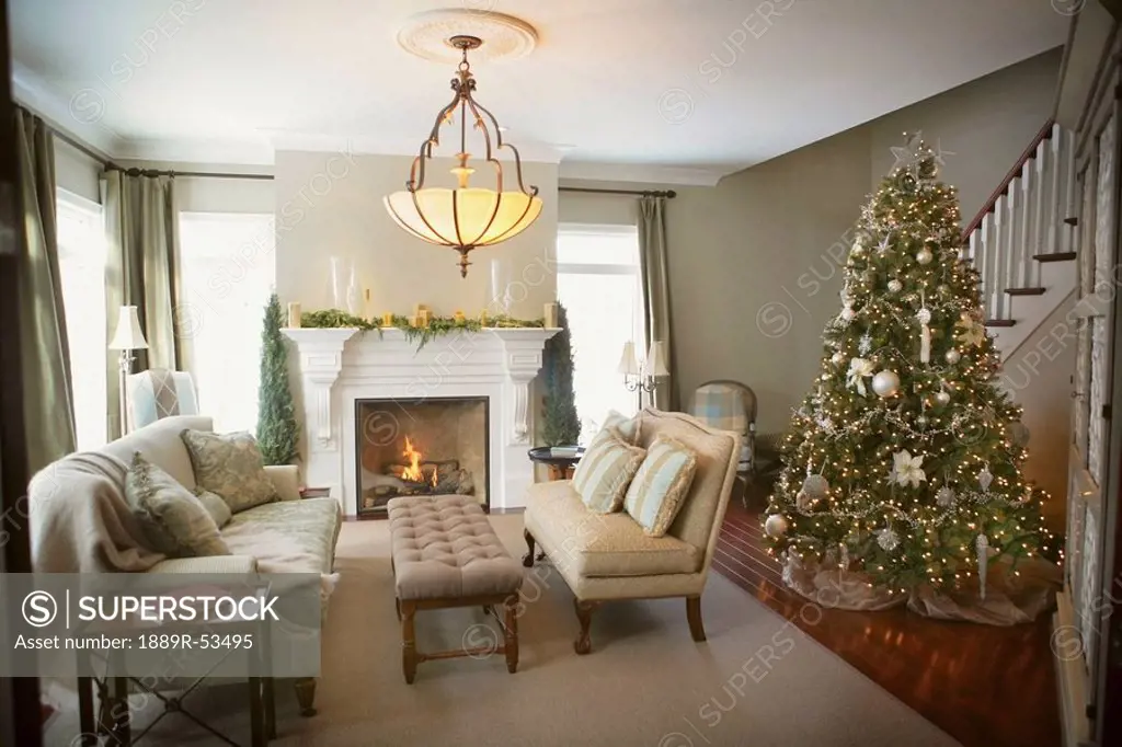 living room with a christmas tree