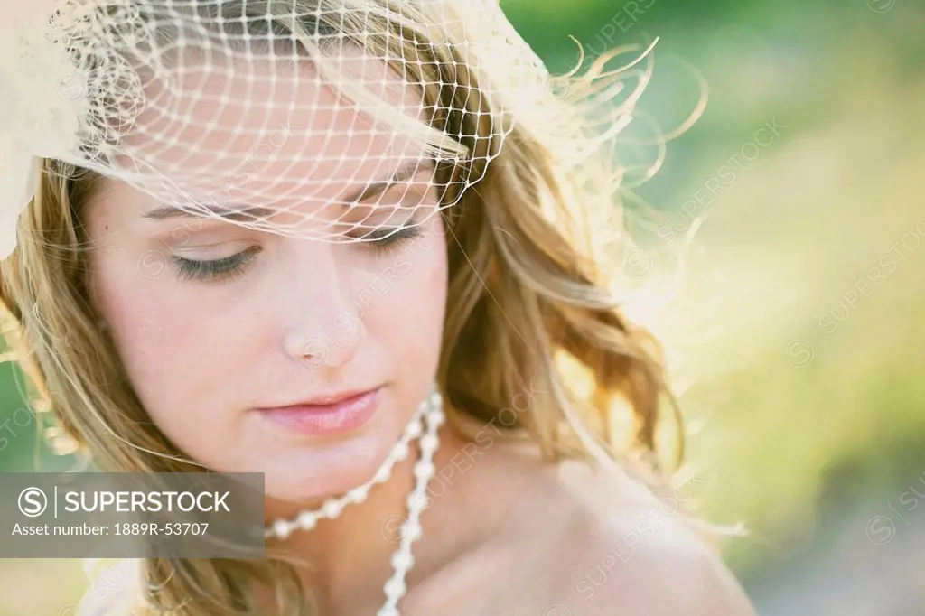 a bride wearing a veil and a pearl necklace
