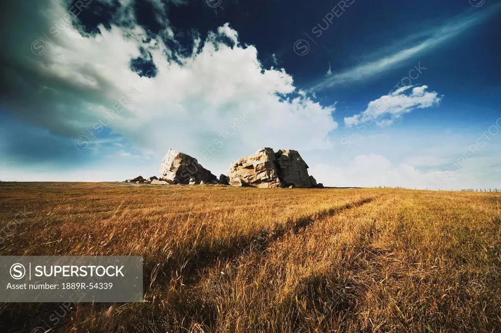 Alberta, Canada, A Large Rock On A Field