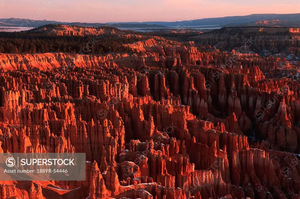 Utah, United States Of America, Sandstone Hoodoos Of Bryce Amphitheater Viewed From Inspiration Point At Sunrise In Winter In Bryce Canyon National Pa...