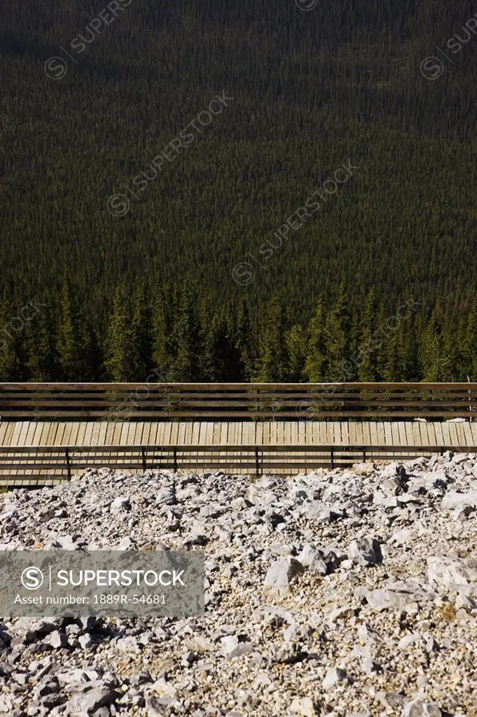 Banff, Alberta, Canada, A Wooden Boardwalk With Railings On A Mountain With Rock On One Side And Forest On The Other