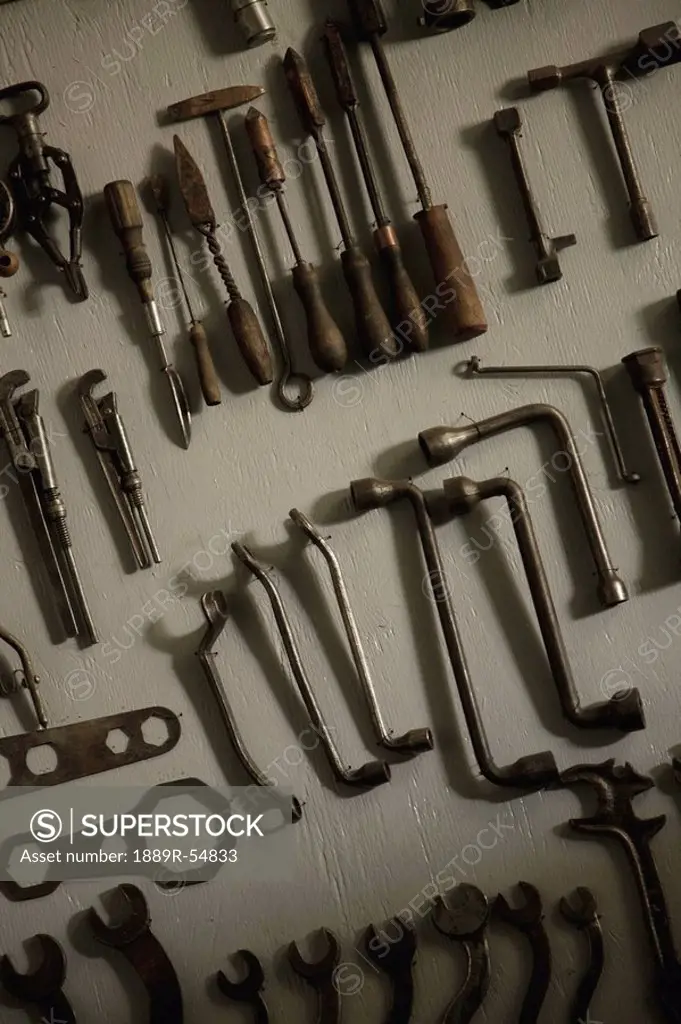 Alberta, Canada, Old Tools Hanging On The Wall