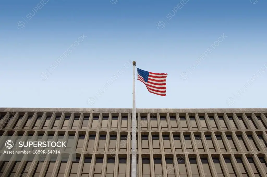 San Antonio, Texas, United States Of America, American Flag In Front Of A Building