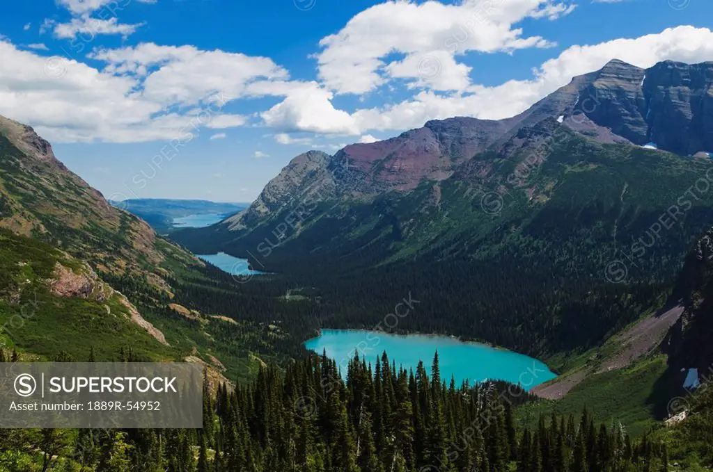 Montana, United States Of America, Grinnell, Lake Josephine, And Swiftcurrent Lake Foreground To Background Viewed From The Grinnell Glacier Trail In ...