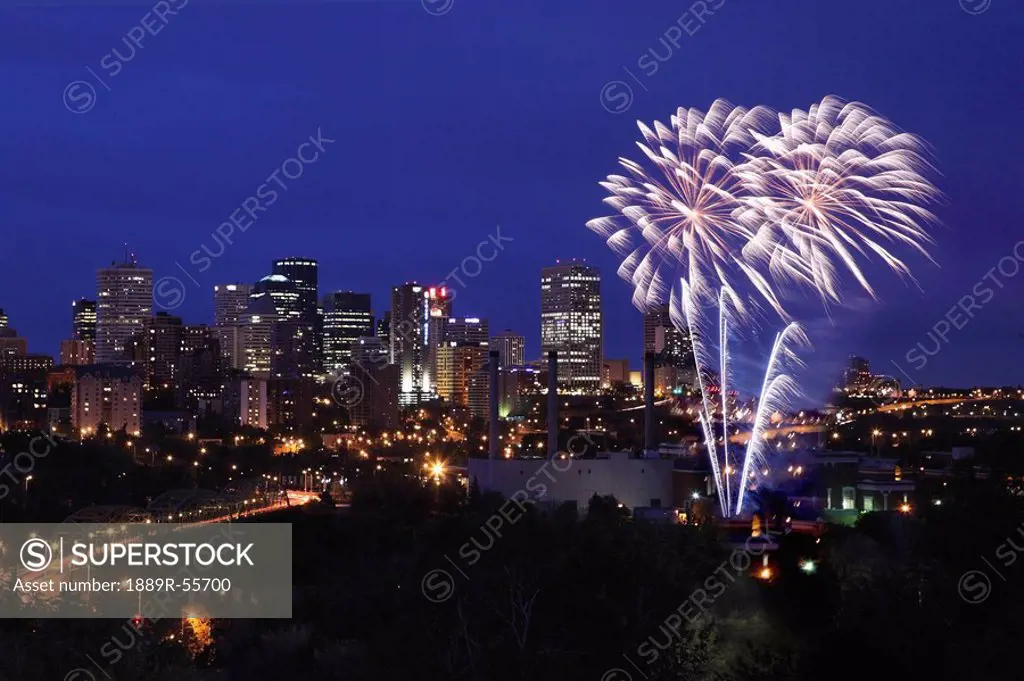 fireworks over the city, edmonton, alberta, canada