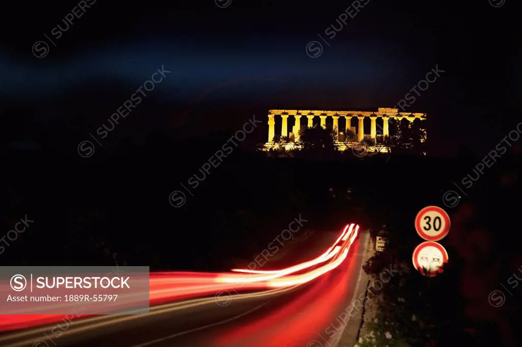 outside the valley of the temples at night, agrigento, siciliy, italy