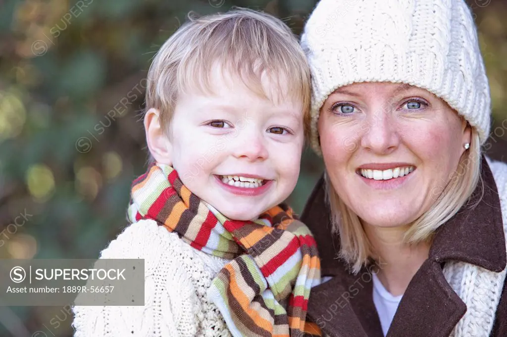 a mother and son wearing scarves and a toque, portland, oregon, united states of america