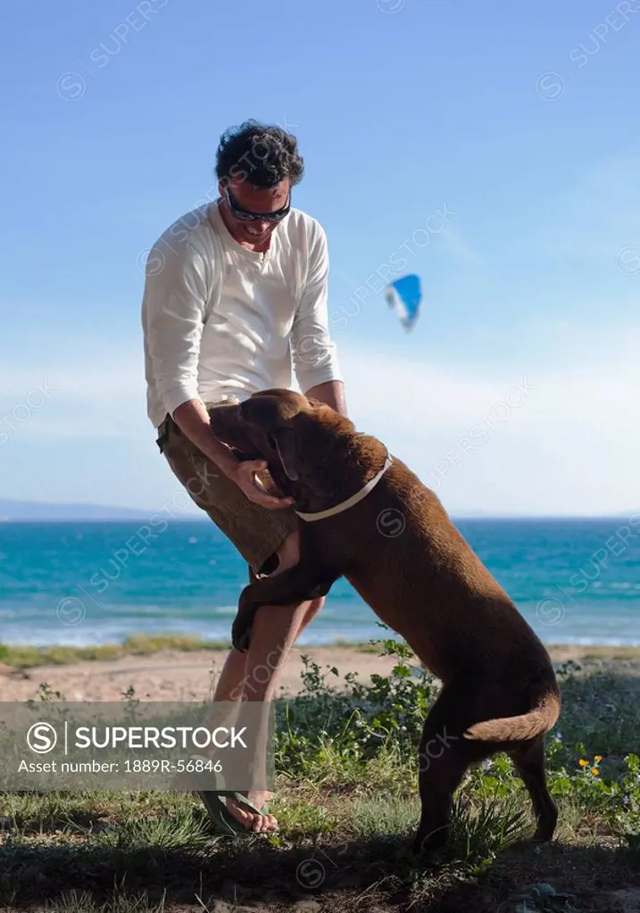 tarifa, cadiz, andalusia, spain, a man and his dog at arte y vida beach in costa de la luz