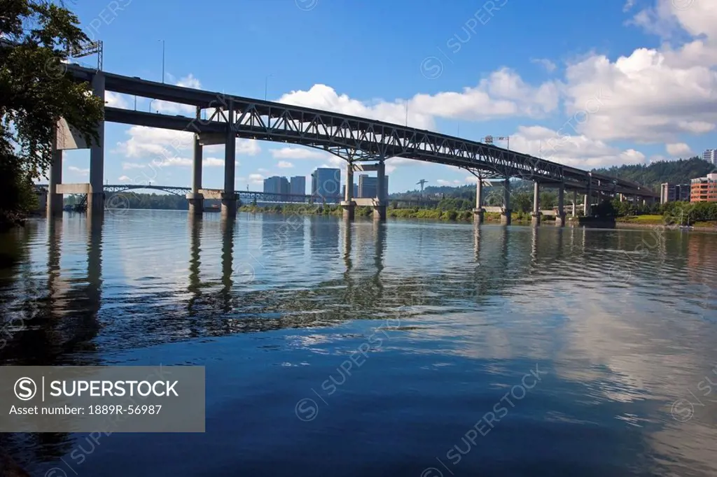 bridge and portland waterfront along the willamette river, portland, oregon, united states of america