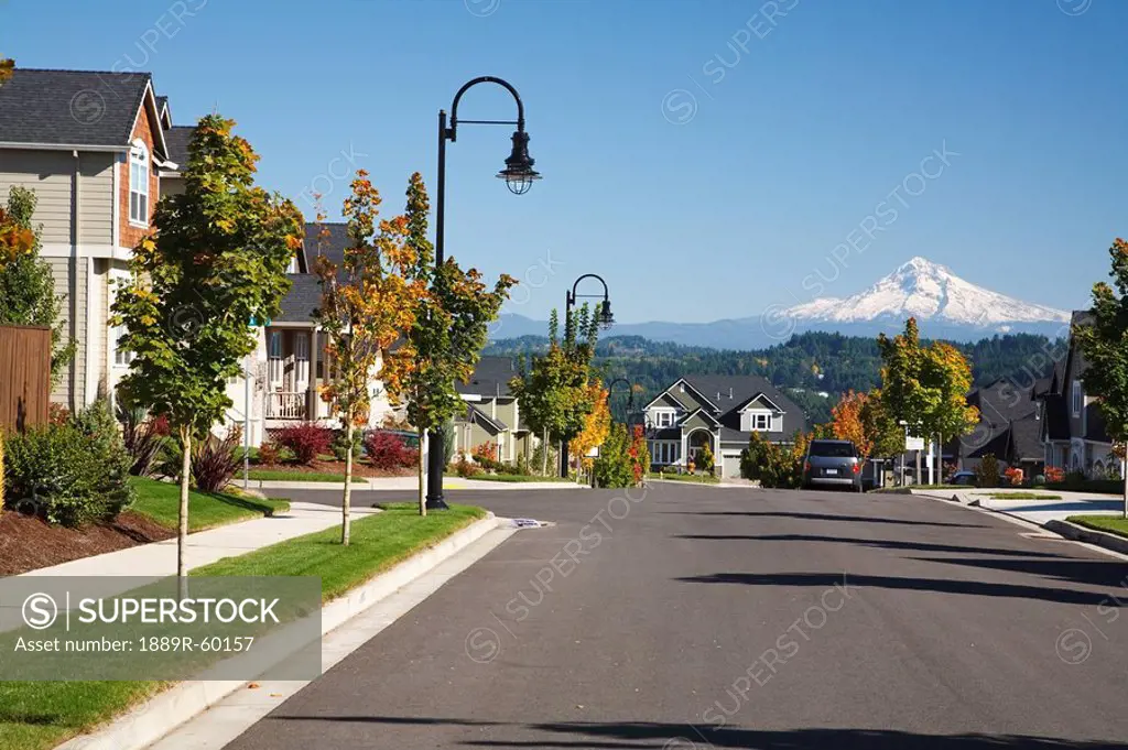 Oregon, United States Of America, Autumn Colors Along A Street With New Homes And A View Of Mount Hood