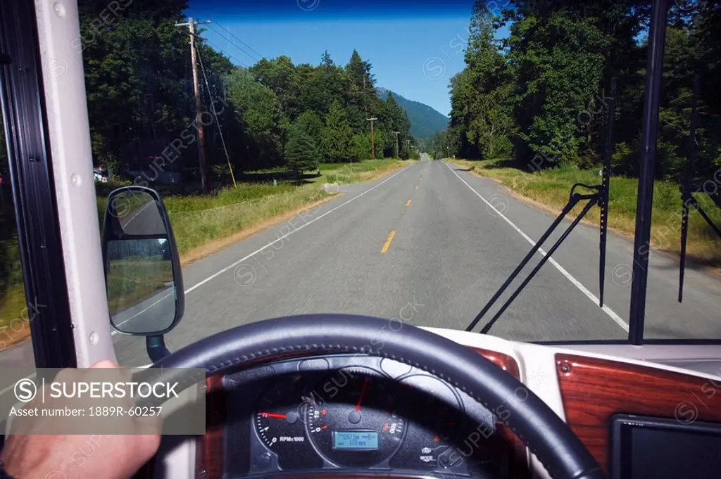 Washington, United States Of America, View Of The Highway From The Front Window Of A Transport Truck In Mt. Rainier National Park