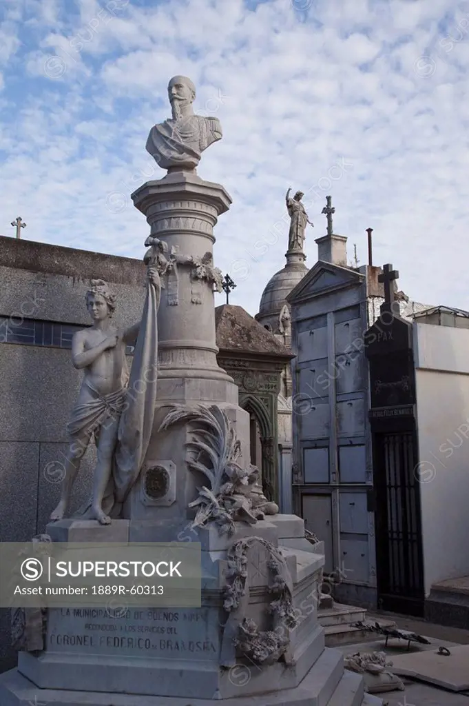 Buenos Aires, Argentina, Stone Statues On A Mausoleum In Recoleta Cemetery