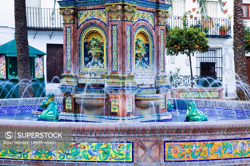 Vejer De La Frontera, Andalusia, Spain, A Water Fountain With Colorful Tile