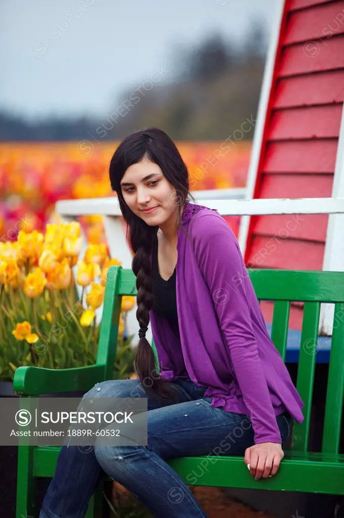 Woodburn, Oregon, United States Of America, A Teenage Girl Sits On A Bench Beside A Tulip Field At Wooden Shoe Tulip Farm