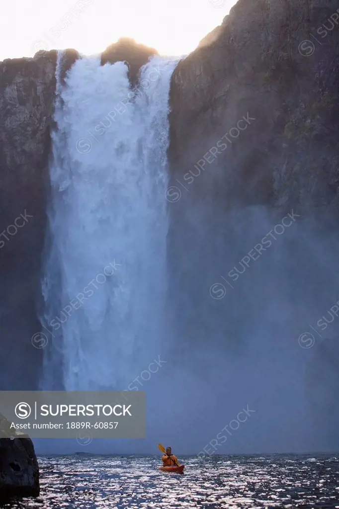 Washington, United States Of America, A Man Kayaking Near Snoqualmie Falls