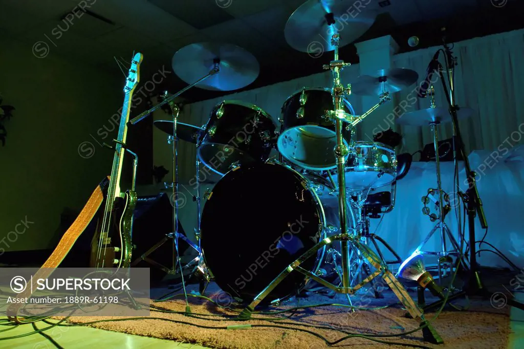 A Drum Kit And Electric Guitar Set Up For A Band, Bashaw, Alberta, Canada