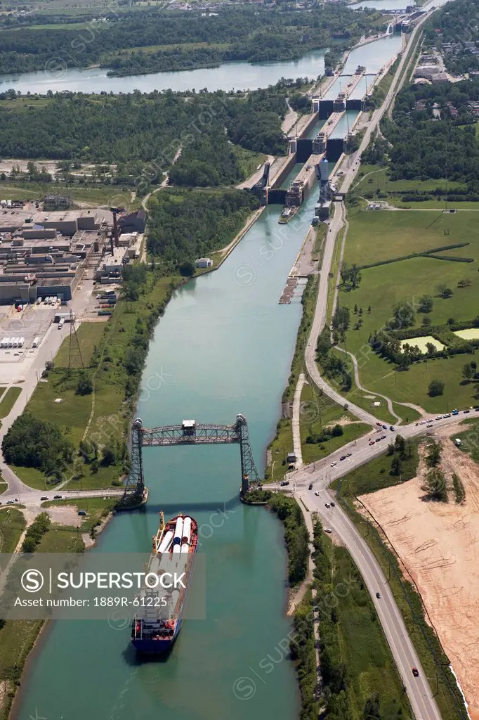 Welland Canal With A Ship, Bridge And Locks, Thorold, Ontario, Canada