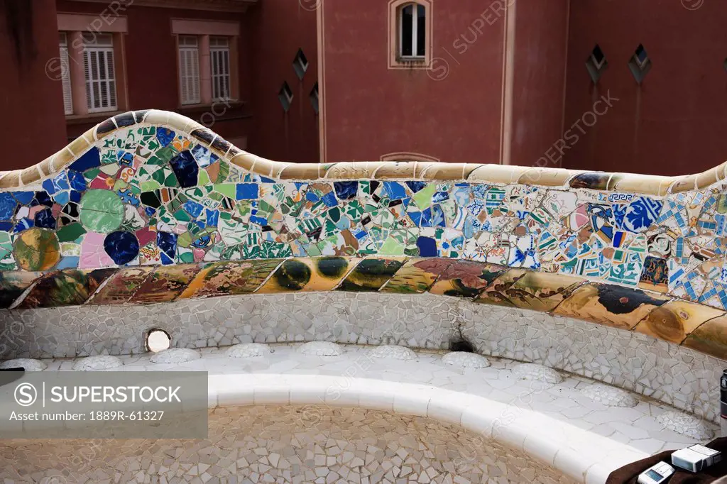 Mosaic Covered Serpentine Bench In Park Güell, Barcelona, Spain