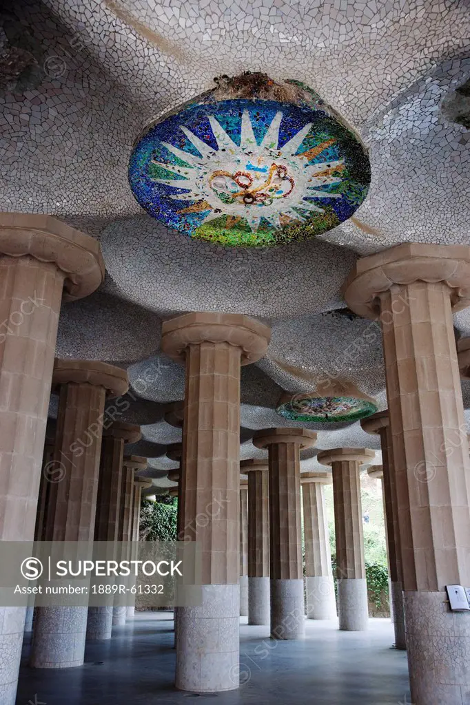 Doric Columns Supporting The Roof Of The Lower Court In Park Güell, Barcelona, Spain