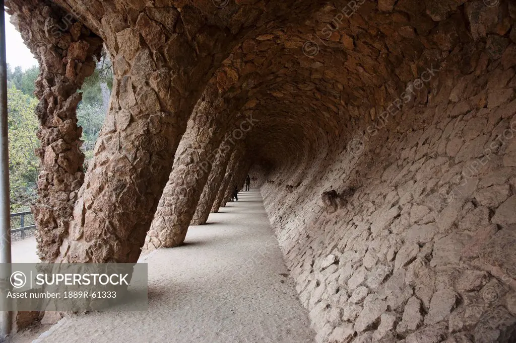 Colonnades Along A Footpath Under Roadway Supporting The Road, Barcelona, Spain