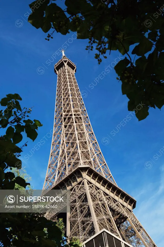 low angle of the eiffel tower framed by trees and a blue sky, paris, france
