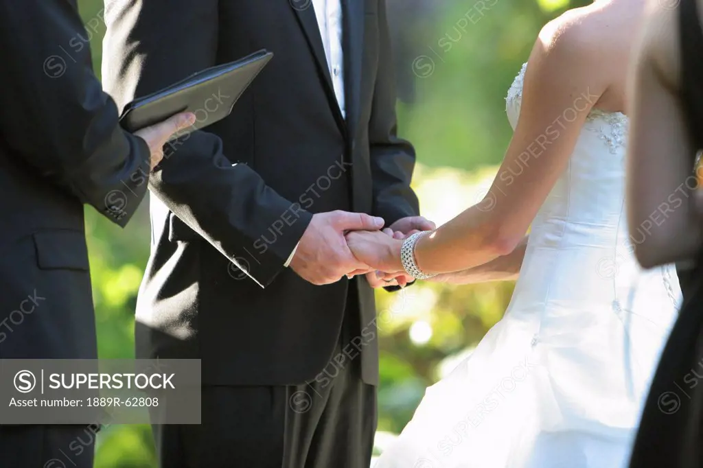 a bride and groom holding hands during their ceremony, troutdale, oregon, united states of america