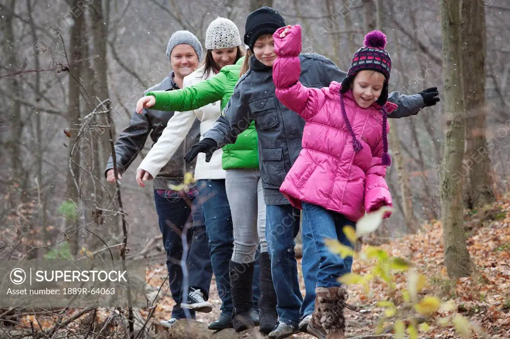 a family takes a walk and balances on a log in the woods, grimsby, ontario, canada
