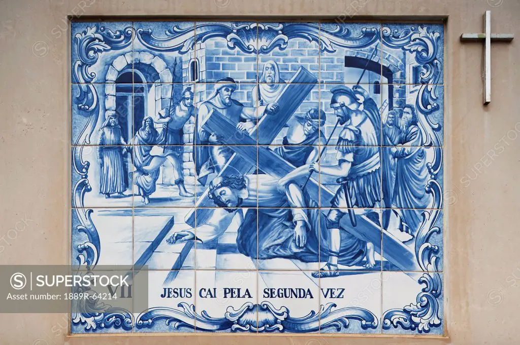 painted ceramic tile depicting the seventh station of the cross as jesus falls for the second time, porto de mos, estremadura and ribatejo, portugal