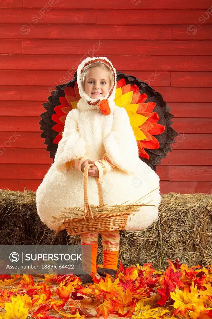 a girl in a turkey costume holding a basket, three hills, alberta, canada