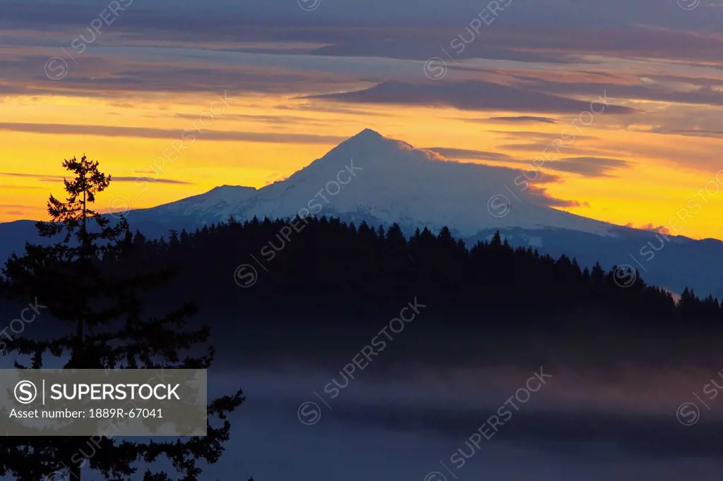 sunrise and fog over mount hood, oregon, usa