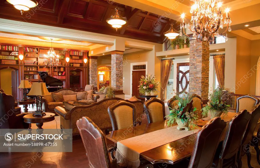 luxurious estate home dining room and living room, st. albert, alberta, canada
