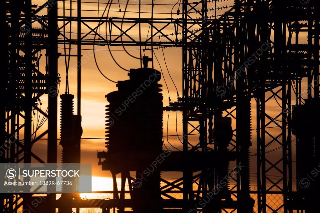 silhouette of electrical substation at sunset, fort saskatchewan, alberta, canada