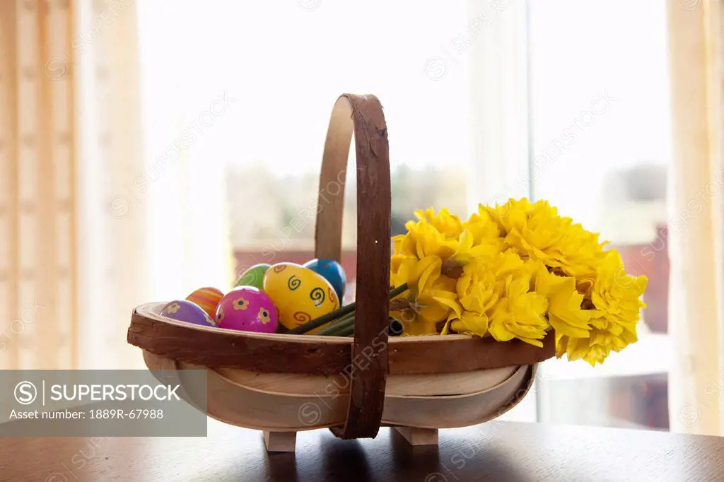 a basket of yellow flowers and plastic easter eggs, northumberland england