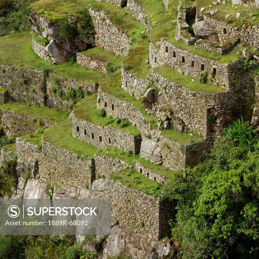 high angle view of stone structures at machu picchu, peru