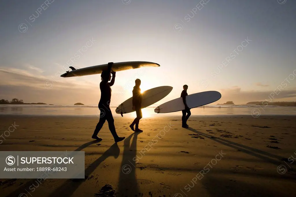 silhouette of three surfers carrying surfboards, chesterman beach tofino vancouver island british columbia canada