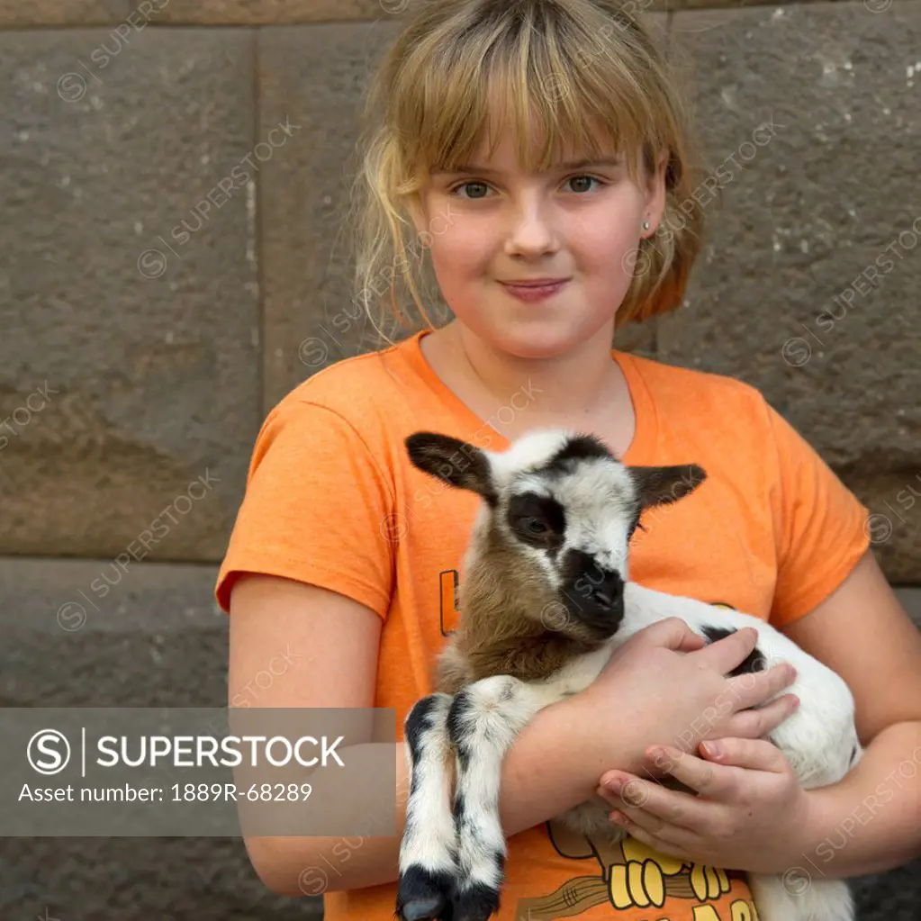a girl holding a lamb, cusco peru