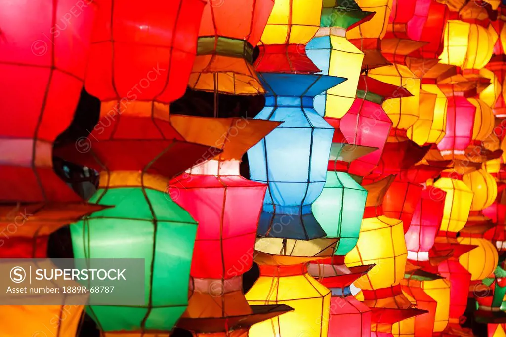 illuminated brightly colored chinese lanterns, chiang mai thailand