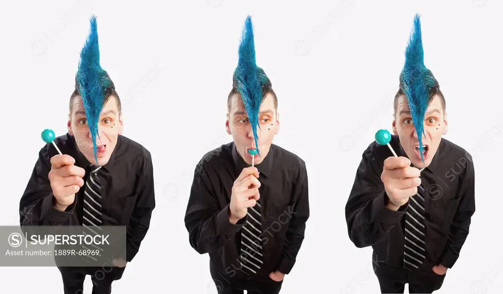 composite of three men with a blue mohawk eating a blue candy and making expressive faces