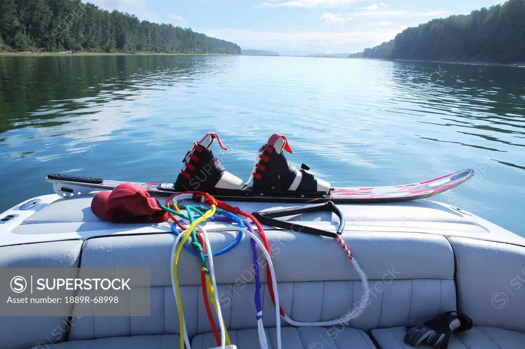 wakeboard and rope at the back of a boat, troutdale oregon united states of america