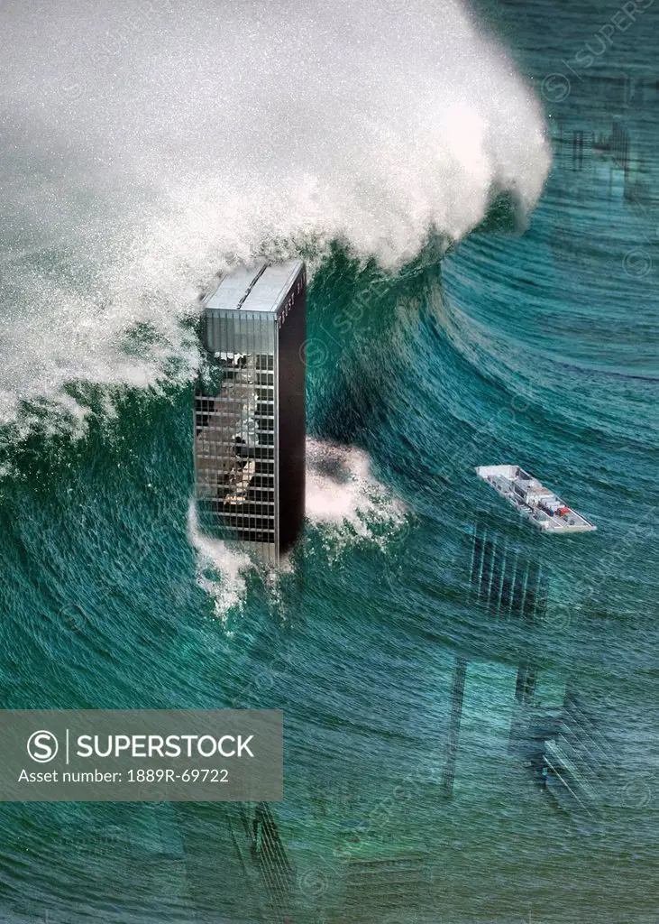 Composite Of A Tidal Wave Sweeping Over Skyscrapers